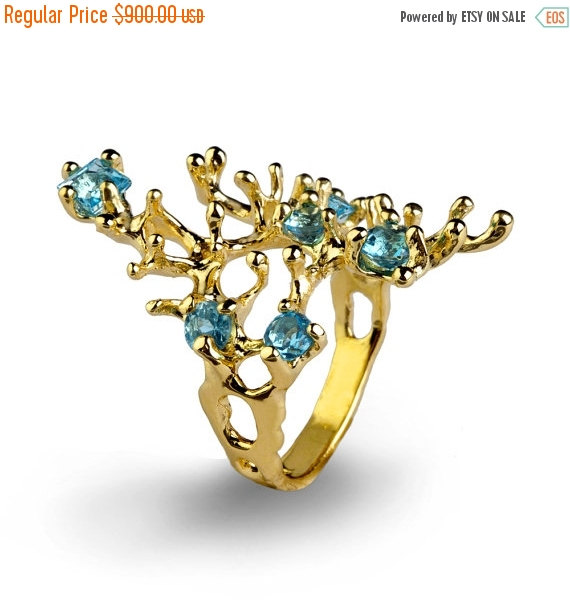 Wedding - 20% off SALE - REEF 14k Gold Blue Topaz Ring, Gold Blue Topaz Engagement Ring, Organic Gold Ring, Gold Statement Ring, Gold Gemstone Ring