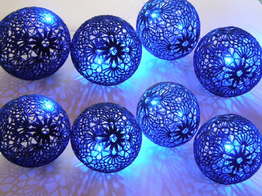 Wedding - String Lights, Fairy Lights, Wedding Lighting, Night LED Lights, Bedroom Decor lamps, 20 Crocheted navy blue balls, garland light