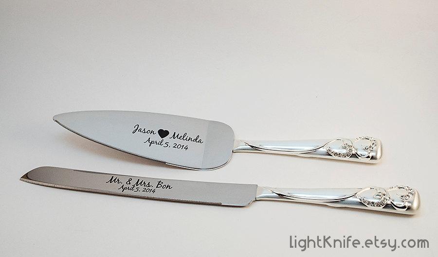Black Engraved Wedding Cake Knife And Serving Set Two Hearts Two Rings 