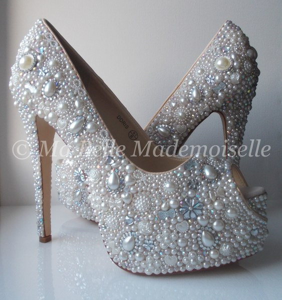Hochzeit - Pearl & Crystal Cinderella Wedding Shoe's HIGH Platform