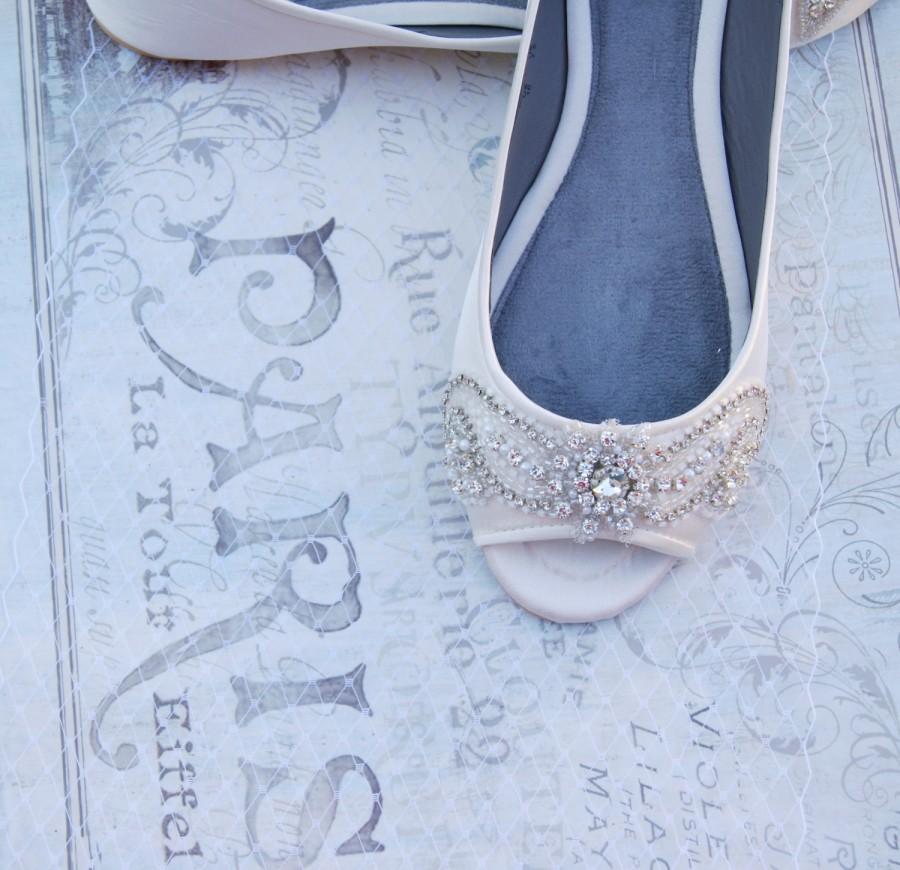 زفاف - wedding shoes, wedding flats, bridal peep toe flat, Beaded embellished ivory  or white bridal peep toe flat - NOLA ( 8 weeks turnaround )