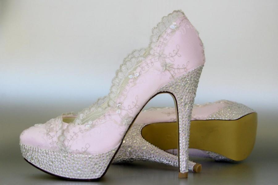 Wedding - Lace Wedding Shoes -- Paradise Pink Platform Wedding Shoes with Silver Lace Overlay and Silver Rhinestone Covered Heels and Platform