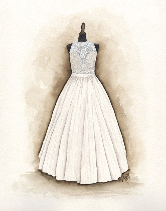 Свадьба - Wedding Dress Print, Watercolor, Bridal, Gift, Portrait, Anniversary, Fashion Illustration