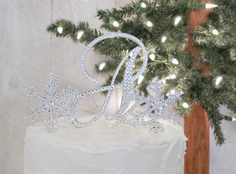 Wedding - Snowflake Wedding Cake Topper with Initial Monogram &  2 small Snowflakes.  Any letters A B C D E F G H I J K L M N O P Q R S T U V W X Y Z