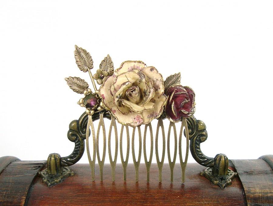 Hochzeit - Vintage Style Floral Hair Comb - Antique Brass Bronze Flower Hair Accessories -  Plum Ivory Leaves Vintage Wedding Flower Hair Comb