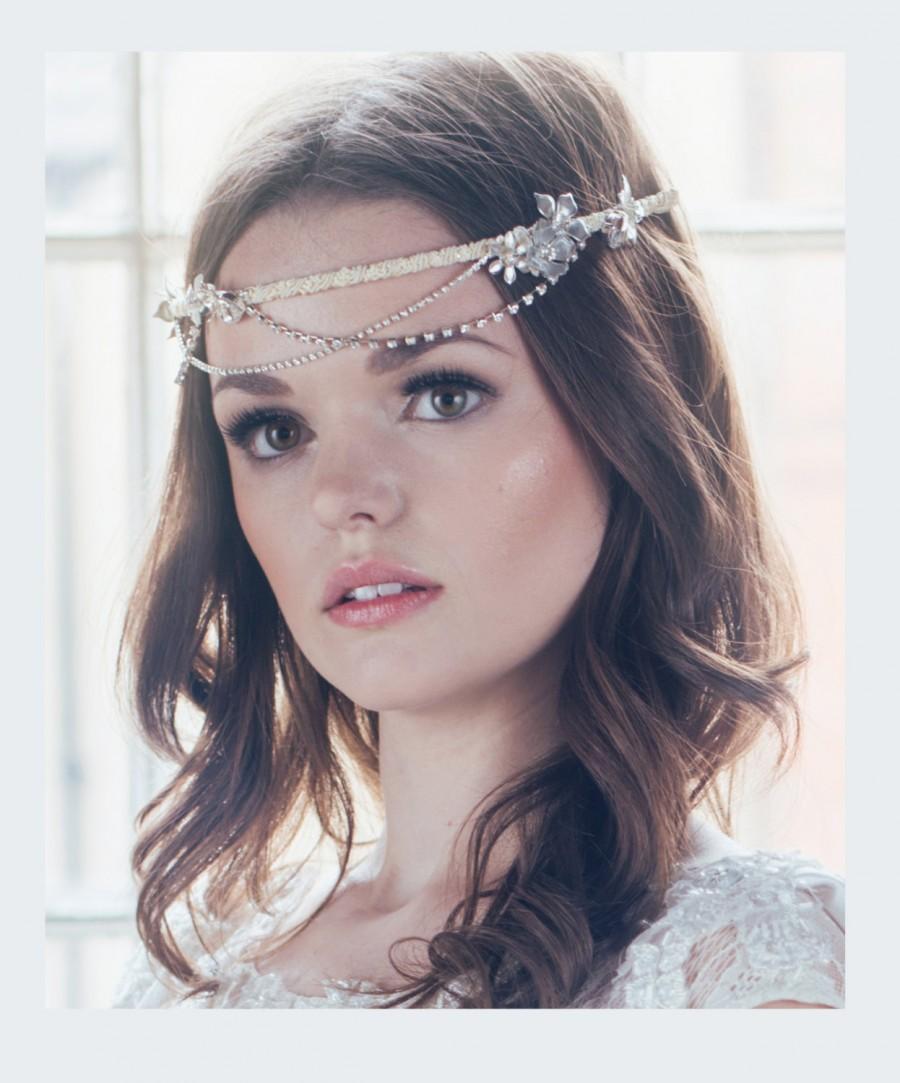 زفاف - Bridal Whimsical Flower Rhinestone Swagged Crown, Art Deco Wedding Headdress, Bridal Headpiece - STYLE #1402 - made to order