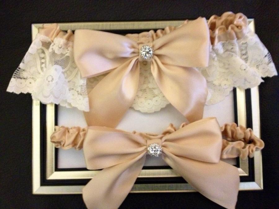Hochzeit - Champagne / Ivory Wedding Bridal Garter Set ... Bridal Garter and Toss Garter with Rhinestone details...