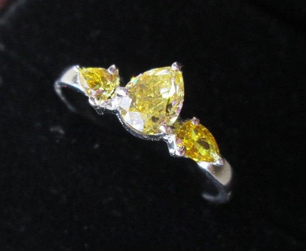 Свадьба - Fancy Yellow Diamond Ring, 3 Pear Shape Diamonds Wedding Ring, 14K Solid Gold Wedding Band