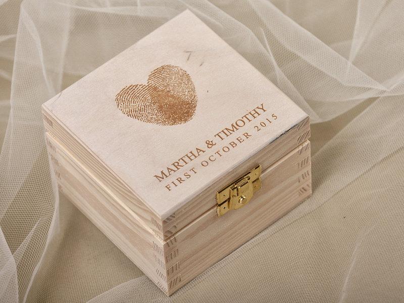 Wedding - Fingerprint Wood Wedding Ring Bearer Box, Rustic Wooden Ring Box ,  Engraved  Bride and groom names, 