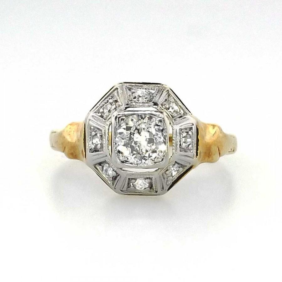 زفاف - Sparkling .60ct t.w. 1930's Old European Cut Diamond Halo Two Tone Engagement Ring 14k/Plat