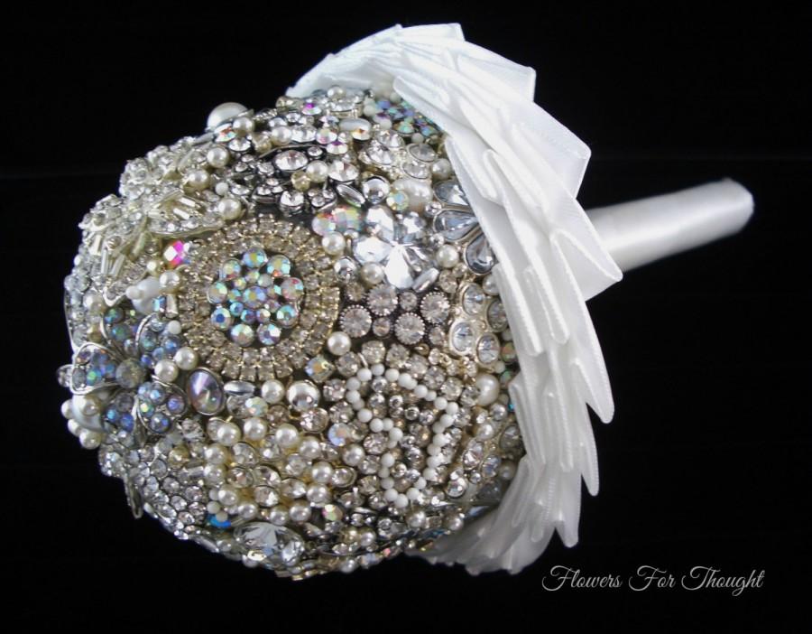 Wedding - White Brooch Bouquet, Rhinestone Wedding Flower Alternative, Bride Accessory Keepsake, FFT Original Design