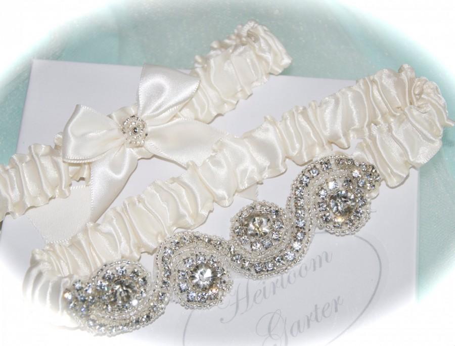 Свадьба - Wedding Garter Set Wedding Garter Dazzle Bridal Garter Set in Satin with Glittering Rhinestones and Seed Bead Trims