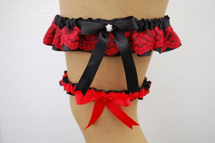 Mariage - Wedding Garter Set - Black Satin Ribbon with Red Lace and Ribbon Overlay with Swarovski Crystal Charm