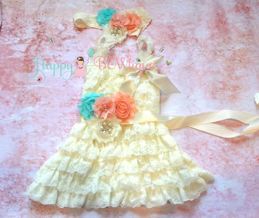 Hochzeit - Ivory Blush Peach Aqua dress set,  Flower girls dress,Ivory  Dress, baptism dress,girls dress, Birthday dress,fall dress,baby dress,blush