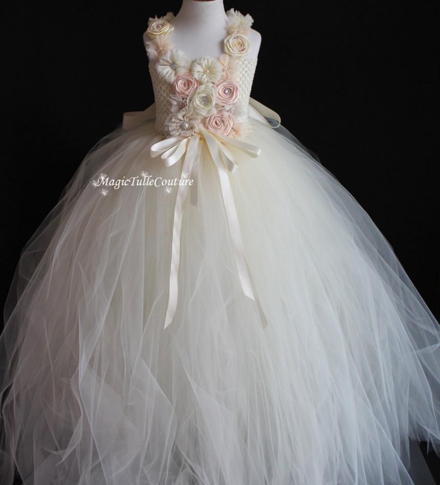 Mariage - Ivory and blush flower girl tutu dress wedding dress tulle dress birthday tea party dress toddler dress 1T2T3T4T5T6T7T8T9T10T