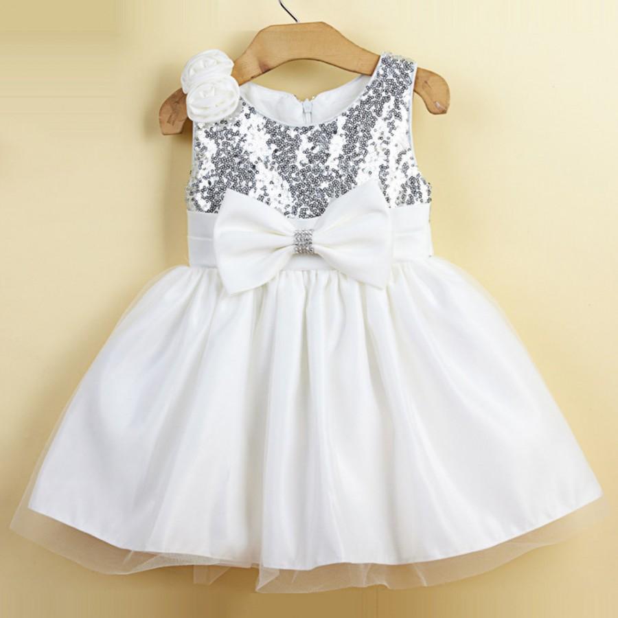 زفاف - White knee length silver sequin flower girl dresses,little girl princess dress,baby girl's dress,tutu,White short sequin flower girl dress