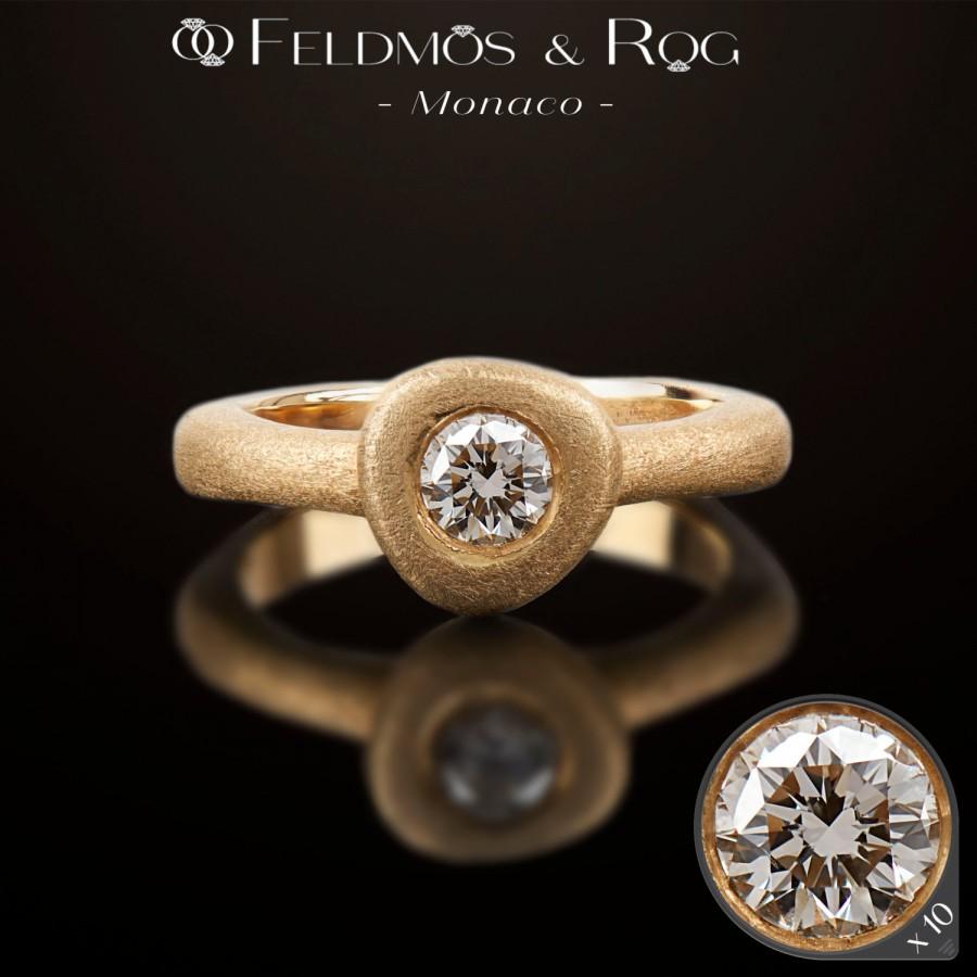 Wedding - Solid Yellow Gold 18K Ring, Diamond Engagement Ring, Bezel Set Diamond Ring, Satin Finished Gold Unique Ring, Size Any, Christmas Gift