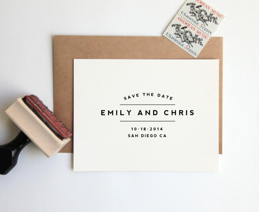 Mariage - NEW! Save the Date Stamp, Custom Wedding Rubber Stamp (Wood Mounted) Large Minimalist Modern Design Personalized with Names, Date + Location