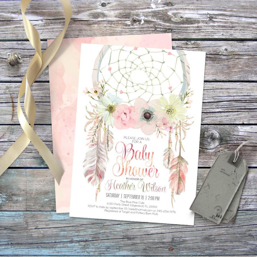 Mariage - Dreamcatcher boho baby shower invitation. Digital printable files. Feathers, bohemian, watercolor, 5x7 card, baby girl. Customisable. 002CMP