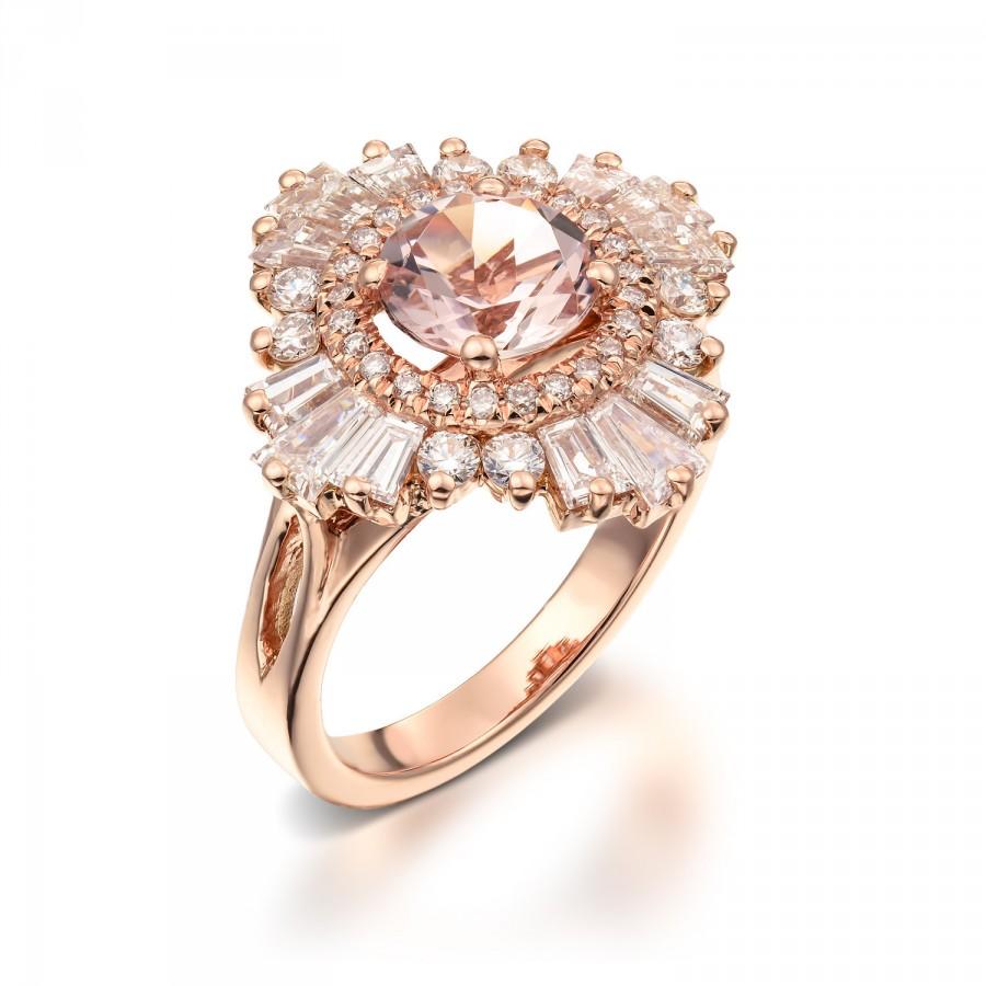 Hochzeit - Vintage Engagement Ring 18K Rose Gold Diamonds And Morganite, Art Deco Engagement, anniversary ring, cocktail ring, antique ring, Gift