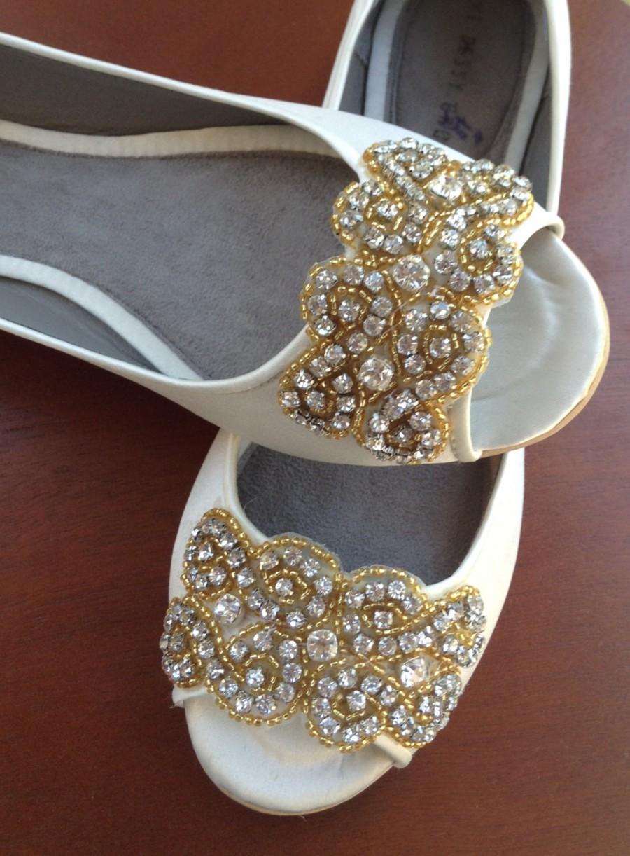 Wedding - wedding shoes, wedding peep toes flat, wedding shoes, bridal shoes, Gold crystal LEA  bridal peep toe flat adorned with Gold crystal trim