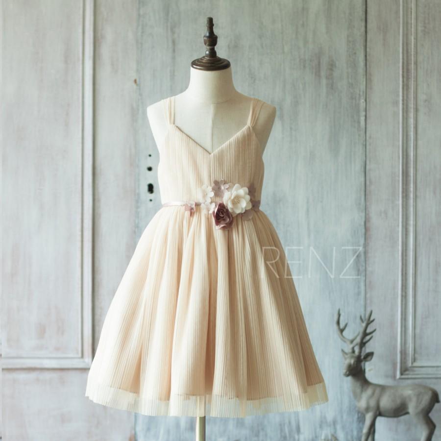 زفاف - 2015 Beige Junior Bridesmaid Dress, V neck Ruched Flower Girl Dress, Spaghetti Strap Rosette dress, knee length (JK008)