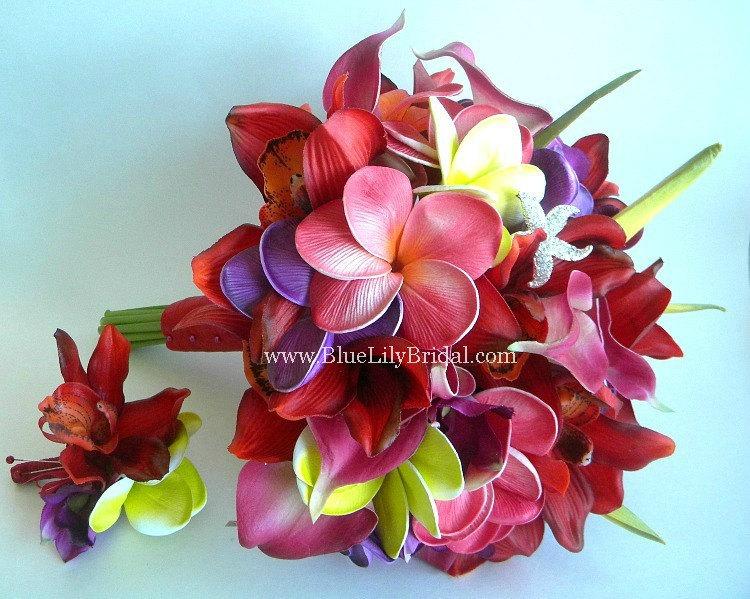 Hochzeit - Hot Tropical Destination Wedding Bouquet and Boutonniere  with Real Touch Plumeria, Orchids and Calla's- Made to Order