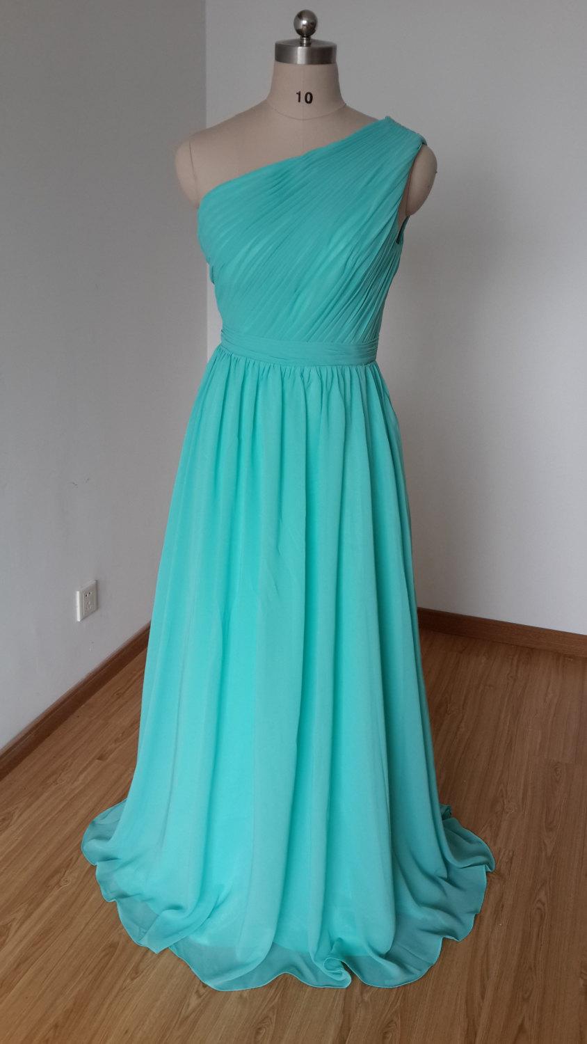 زفاف - 2015 One-shoulder Turquoise Chiffon Long Bridesmaid Dress