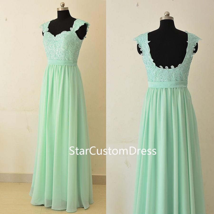 زفاف - Mint long lace bridesmaid dress a-line with cap sleeves, chiffon bridesmaid dress,mint green lace prom dress,lace open back formal dress