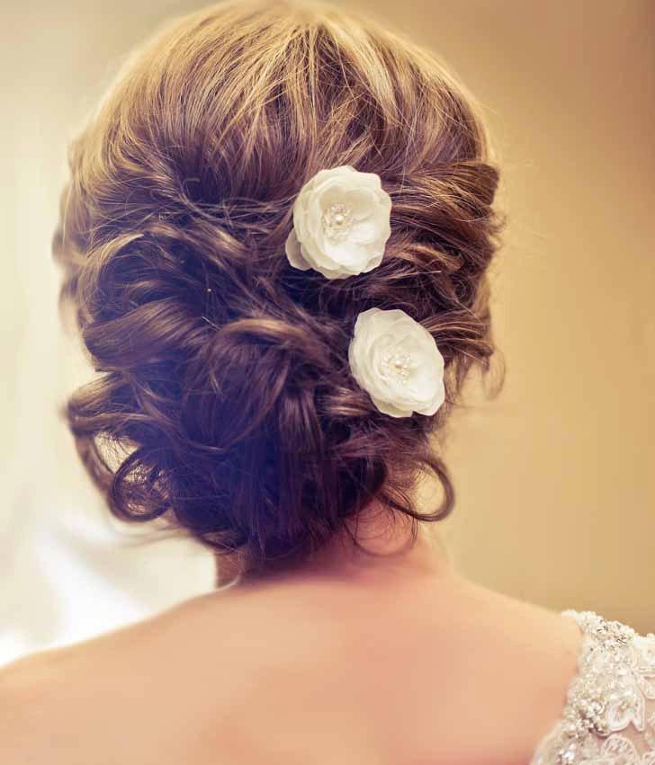 زفاف - Wedding Bridal Mini Ivory Hair Flower Set of Three with Pearls and Crystals