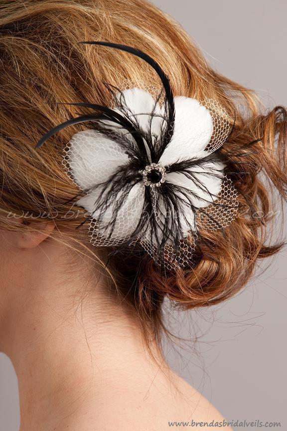 Wedding - Soft White or Light Ivory Feather Flower Birdcage Fascinator with Jet Black Accents - Bree