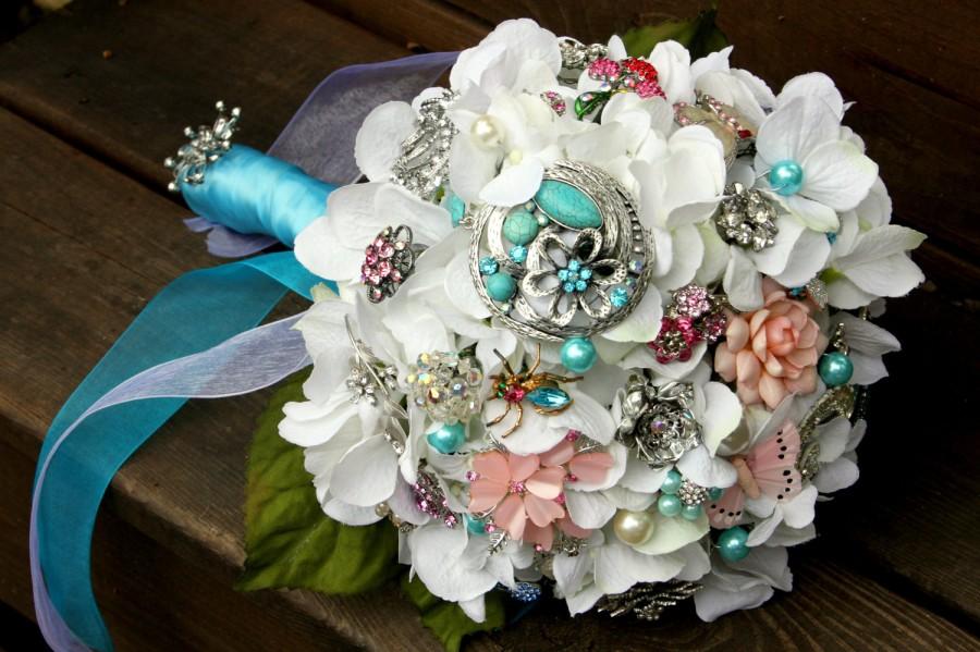 Wedding - Vintage blue pink Brooch Bouquet with free toss bouquet