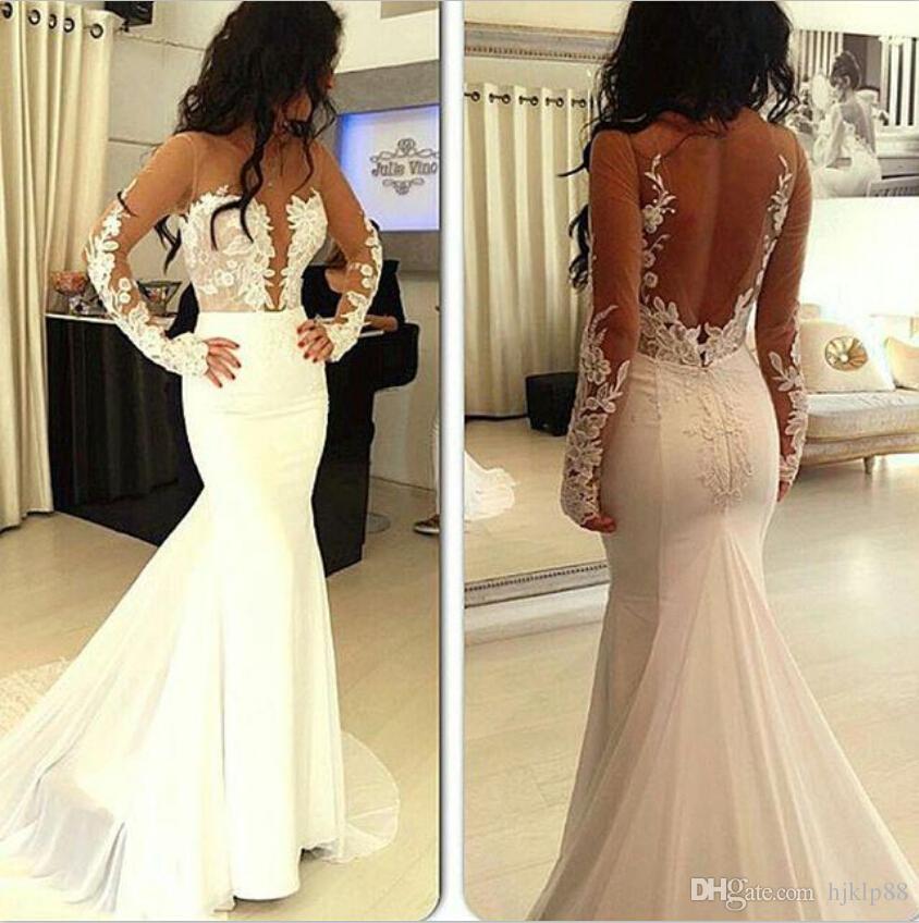 Mariage - Real Picture Mermaid Long Sleeve 2015 Wedding Dresses Bodice Fitted Backless Appliques Satin Bridal Gowns Wedding Custom Made Sweep Train Online with $128.17/Piece on Hjklp88's Store 