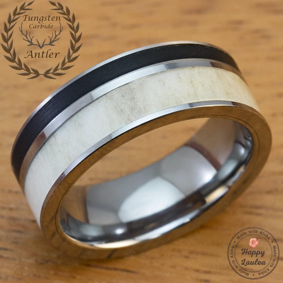 Свадьба - Solid Antler and  Brushed Black Onyx Tungsten Carbide Men's Wedding Ring (8mm width, Flat Style, Comfort Fit)