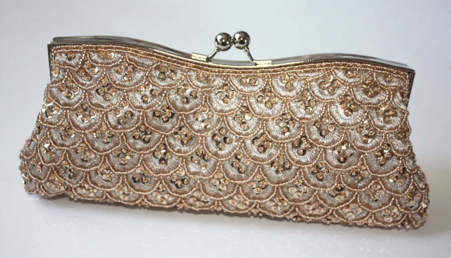 Wedding - Bridal Clutch - hand beaded champagne satin with beads and sequins - ready to ship