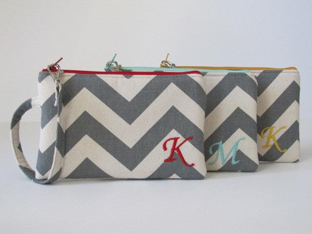 Свадьба - Personalized Bridesmaid Gift , Monogram Wristlet Wallet, Embroidered iPhone Pouch,Phone Wallet, Chevron, You Choose Colors