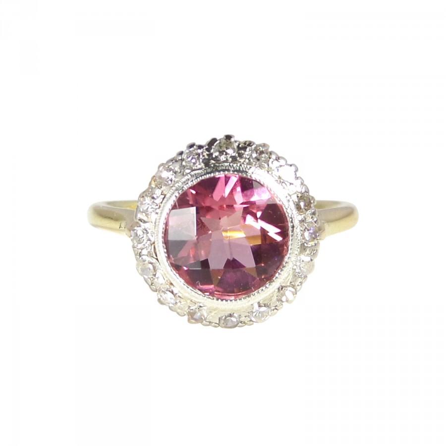 Wedding - Art Deco Engagement Ring, Antique Diamond Pink Tourmaline Ring, In 18ct Gold, Diamond Halo Ring, Pink Stone Ring, Antique Engagement