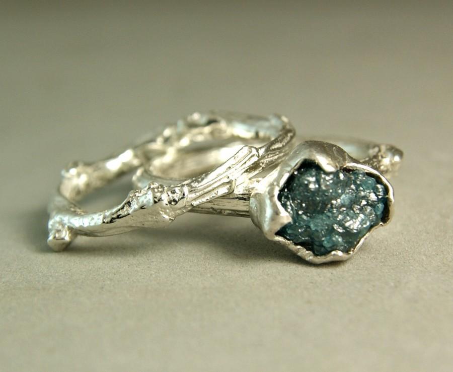 Свадьба - Natural Rough Blue Diamond Twig Ring, Hand Made Custom Wedding Set, Raw Diamond Engagement Ring, custom size