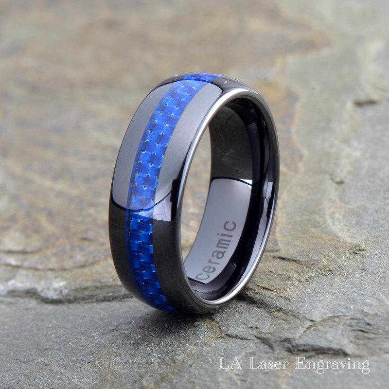 Wedding - Ceramic Wedding Band, Mens Ring, Mens Wedding Bands, Custom Made, Rings, Blue Carbon Fiber, 8mm, Mans, Anniversary, His, Set, Size, Women