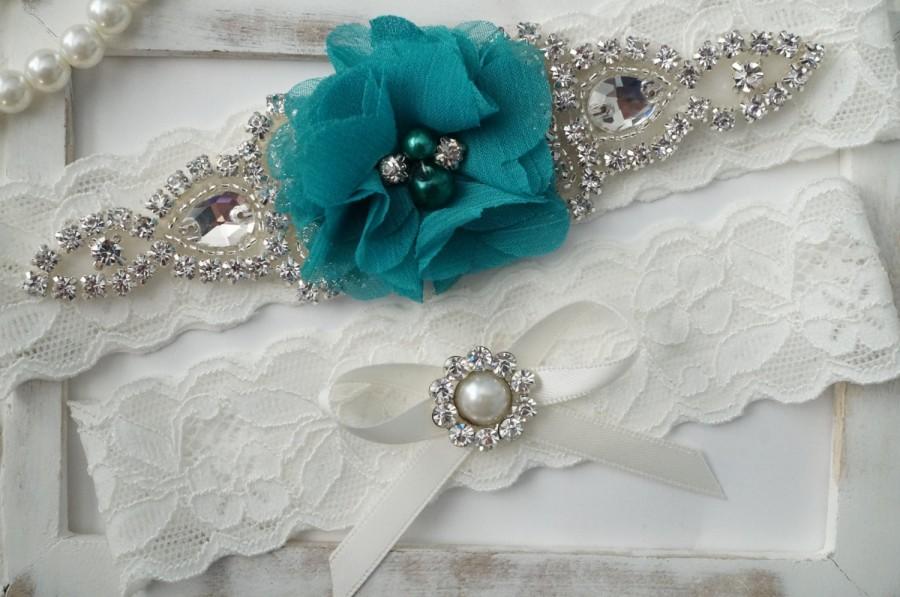 Mariage - Wedding Garter Set, Bridal Garter Set, Vintage Wedding, Lace Garter, Turquoise Garter Set, White Bridal Garter - Style 150