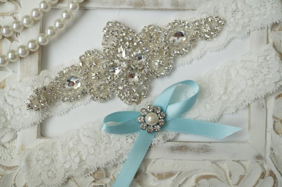 Hochzeit - Wedding Garter Set, Bridal Garter Set, Vintage Wedding, Ivory Lace Garter, Crystal Garter Set, Something Blue - Style 100B