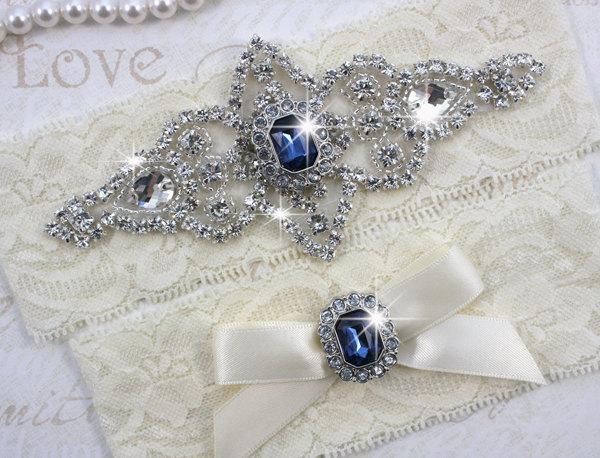 Hochzeit - SALE - Best Seller - CHLOE II - Sapphire Blue Wedding Garter Set, Lace Garter, Rhinestone Crystal Bridal Garters, Something Blue