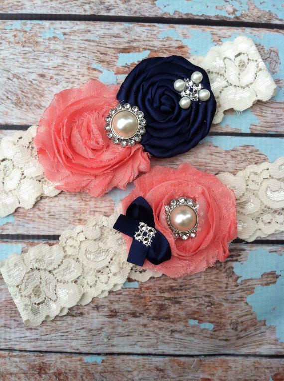 Mariage - wedding garter / bridal garter/ lace garter / toss included , navy rosette , coral chiffon , ivory lace