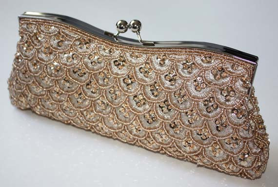Hochzeit - Bridal Clutch - hand beaded champagne satin with beads and rhinestone brooch