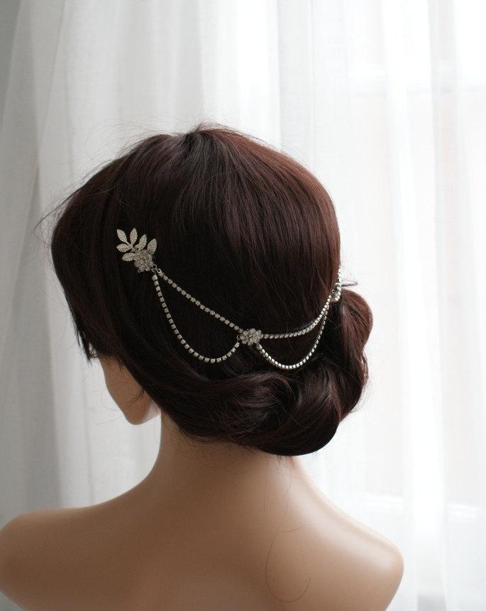 Wedding - Silver hair chain with drapes - Bridal Headpiece - Hair Jewellery - Bohemian wedding headpiece for back of the head - UK