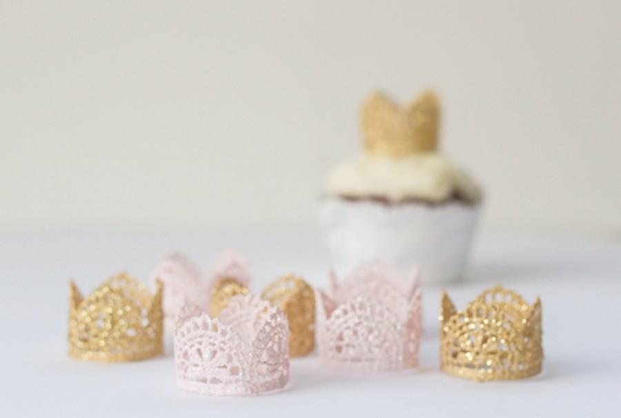 زفاف - Crown cupcake toppers, pink "Audrey",  girl baby shower, princess baby shower, mini lace crown,  princess party decoration