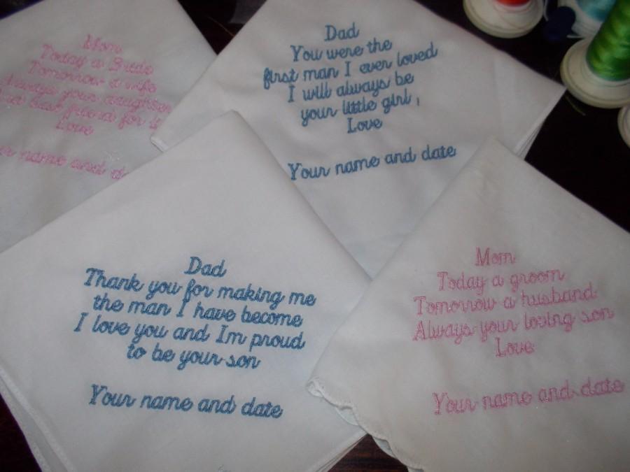 Hochzeit - Embroidered Handkerchief Wedding Set for Mom's and Dad's of the Bride and Groom
