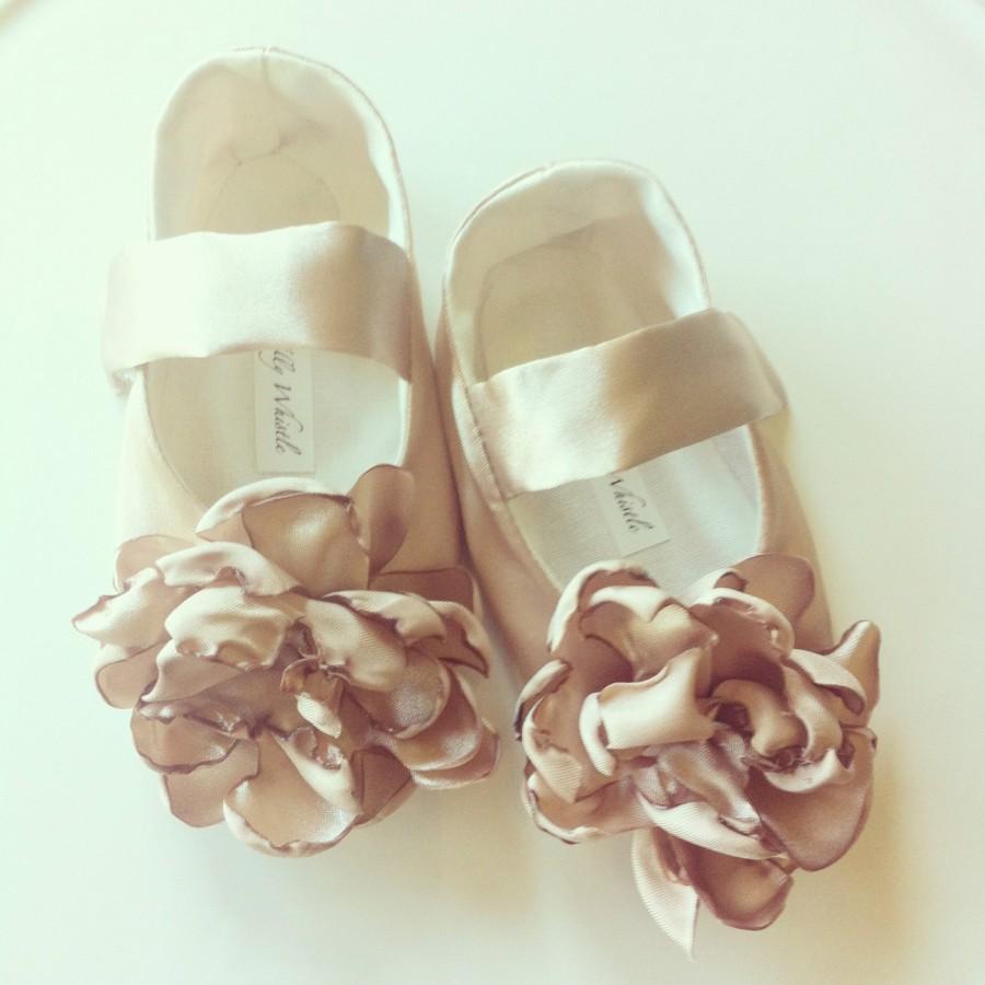 Mariage - Champagne Gold Satin Flower Girl Shoes, Baby Girl Shoes, Toddler Girl Shoes