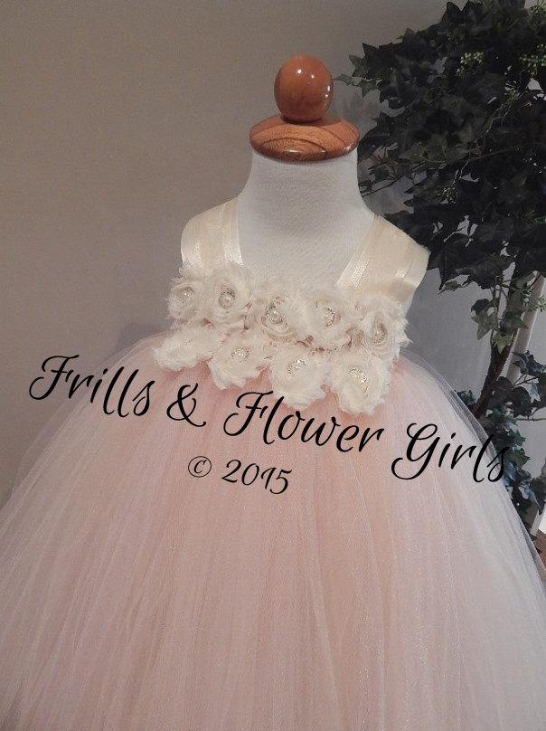 Mariage - Ivory and Blush Flower Girl Dress Ivory Chiffon Shabby Flowers Blush Tulle Tutu Dress for Flower Girls Birthday Special Occasion