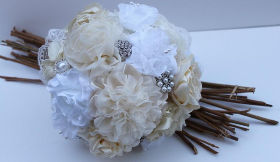 Wedding - Fabric Flower Bouquet - Wedding - Brooch - Bridal - Jewelry - Vintage - Bridesmaid,Fabric Flower,Lace,Pearls